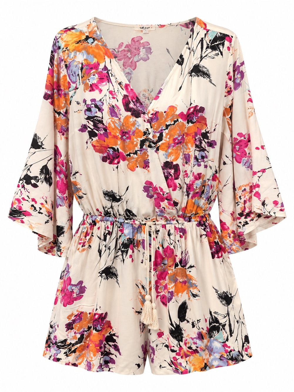 Umgee Floral Faux Wrap Romper Tassel Drawstring Cream 2XL